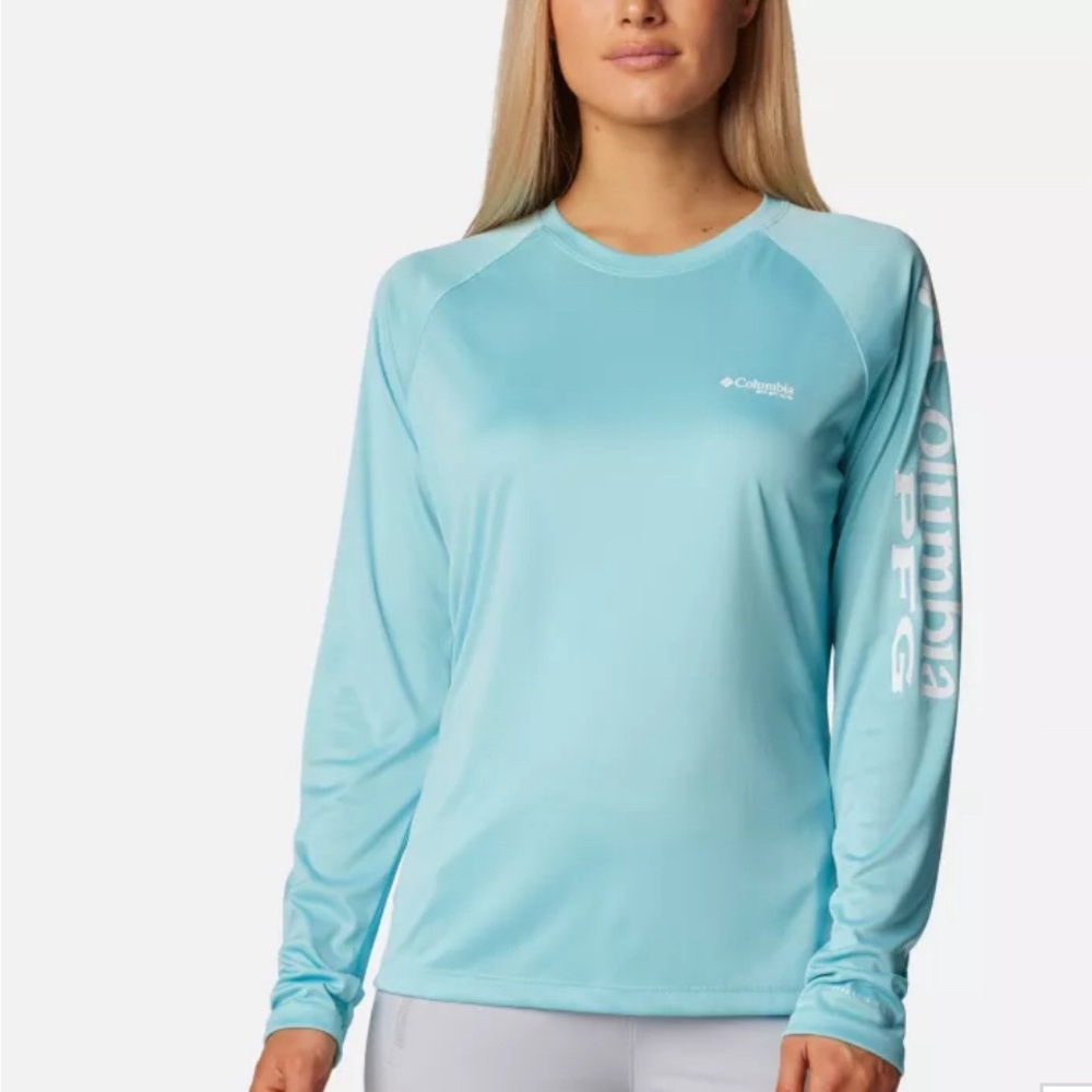 NWOT Columbia Women’s PFG Tidal Tee™ II Long Sleeve Shirt Clear Blue/White Logo